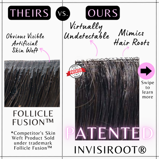Upgrade from competitor's Follicle Fusion™ Clip-ins to our Patented InVisiRoot® Clip-ins. Experience True Undetectable Results: This is Jada Cambodian Kinky Straight texture InVisiRoot® Clip-ins