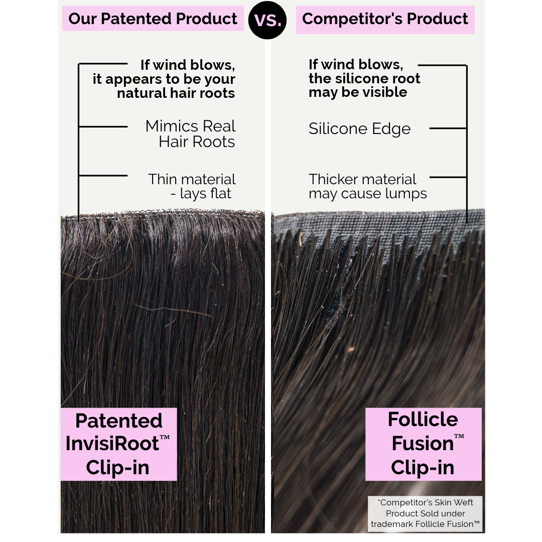 Upgrade from competitor's Follicle Fusion™ Clip-ins to our Patented InVisiRoot® Clip-ins. Experience True Undetectable Results: This is Jada Cambodian Kinky Straight texture InVisiRoot® Clip-ins